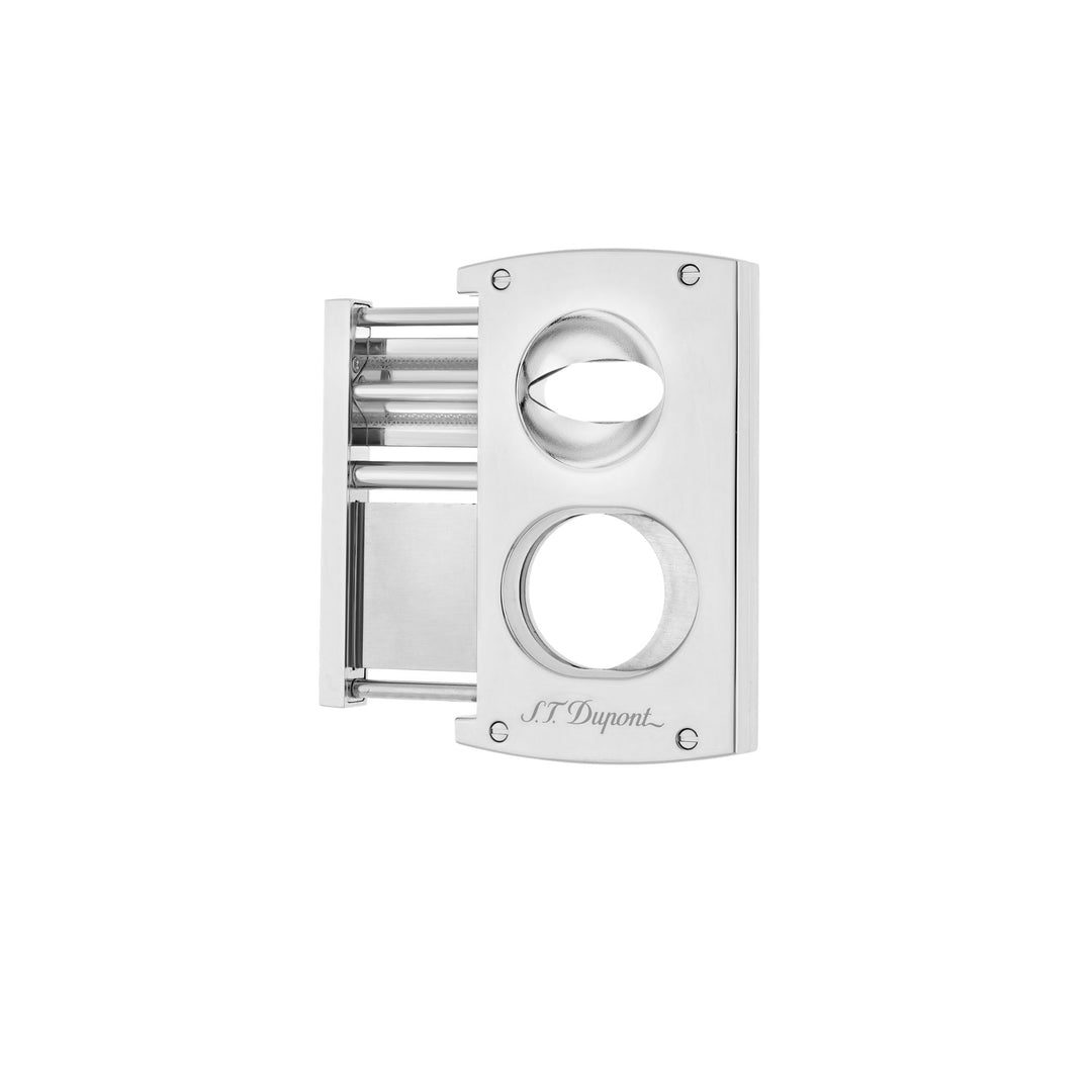 Silber verchromter S.T. Dupont Zigarrenschneider mit klassischer Doppelklinge und zusätzlichem V-Cut. Cutter bei Zigarren Herzog kaufen.