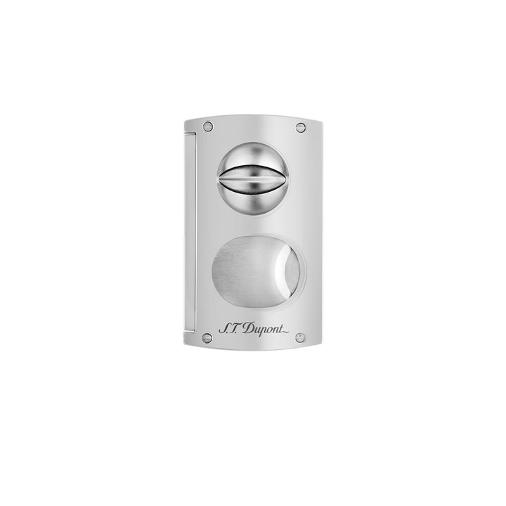 Silber verchromter S.T. Dupont Zigarrenschneider mit klassischer Doppelklinge und zusätzlichem V-Cut. Cutter bei Zigarren Herzog kaufen.